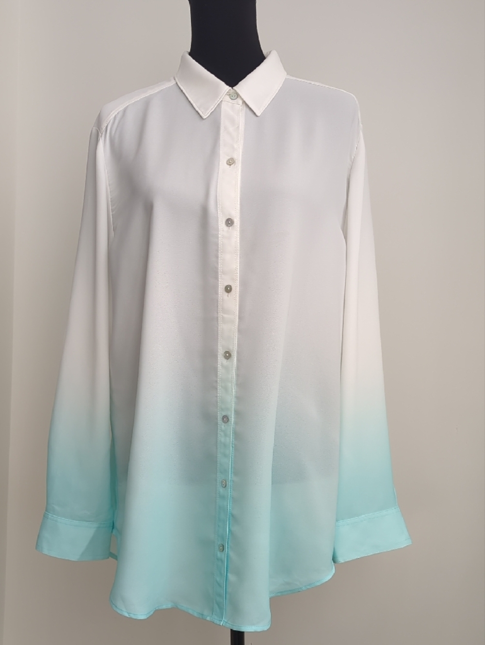 Chico's Mint Turquoise Ombre Dip-Dye Long Sleeve Button Down Blouse XL SIZE 3